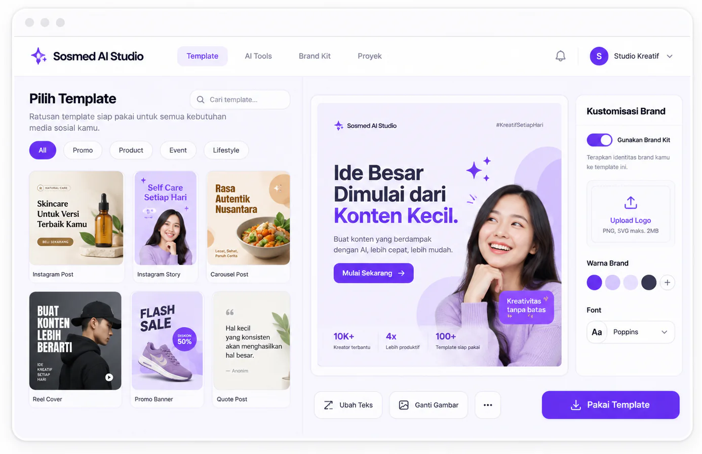 Editor template Sosmed AI dengan brand kit