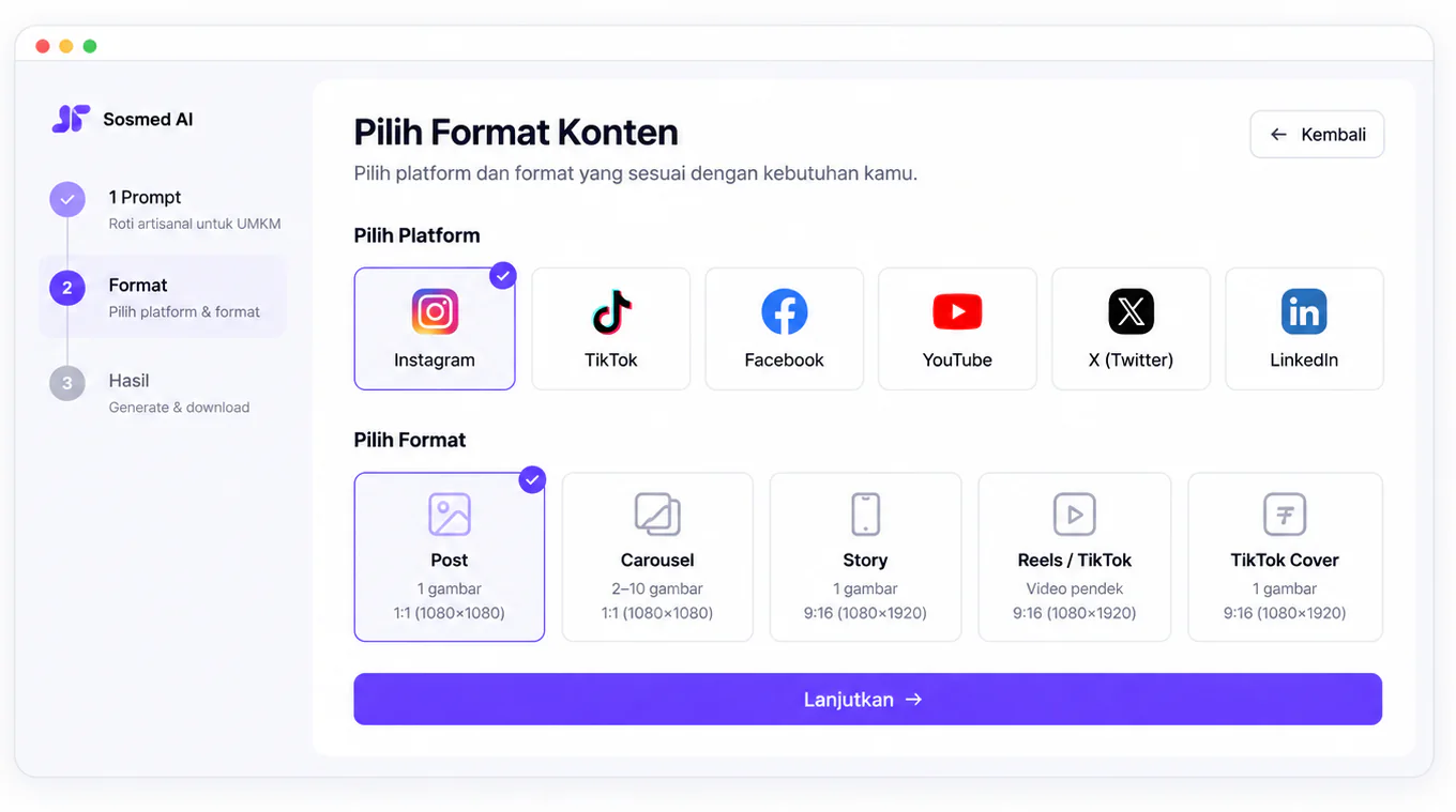 Tampilan memilih platform dan format konten