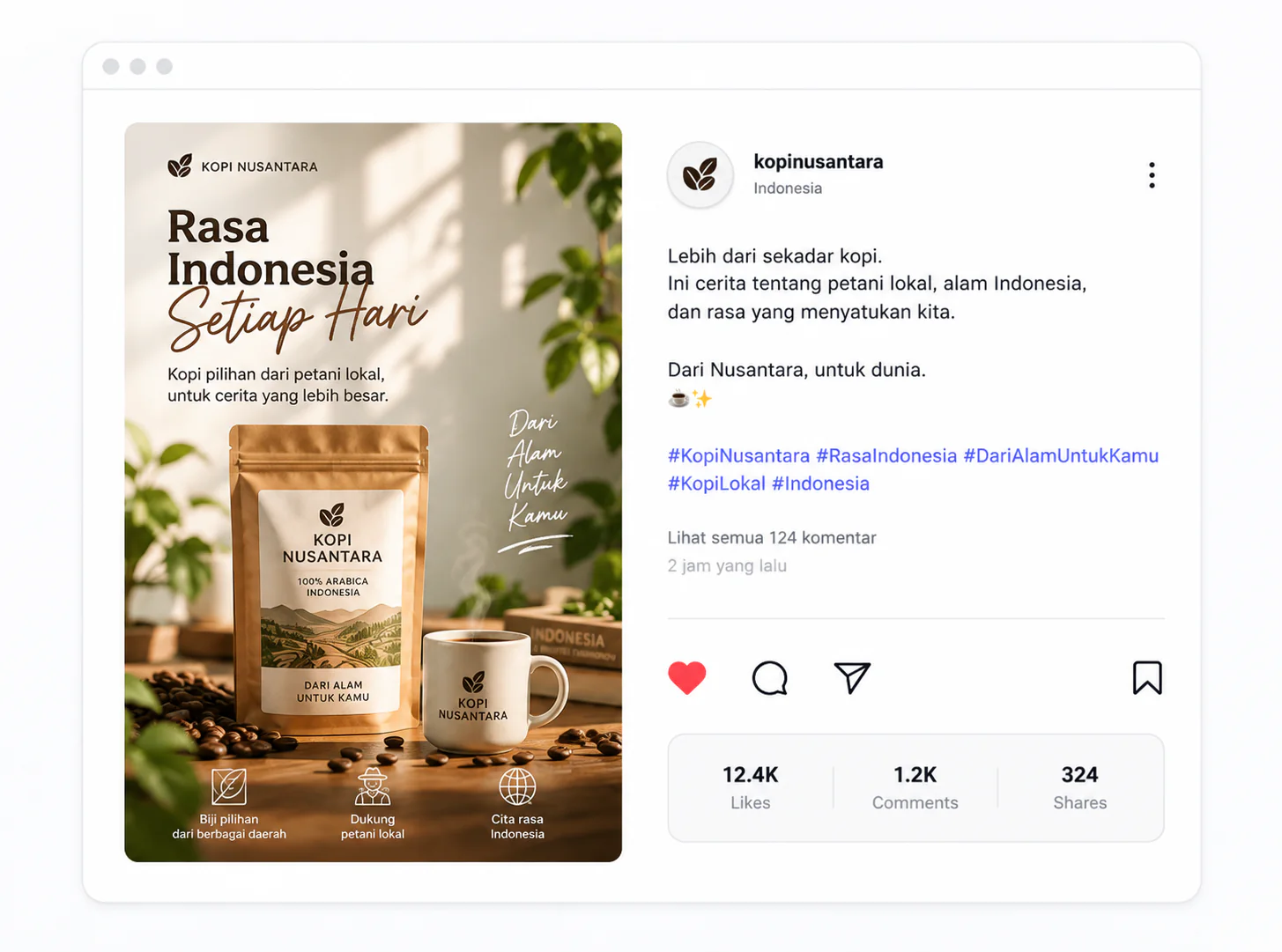 Preview Instagram Kopi Nusantara dengan caption Bahasa Indonesia