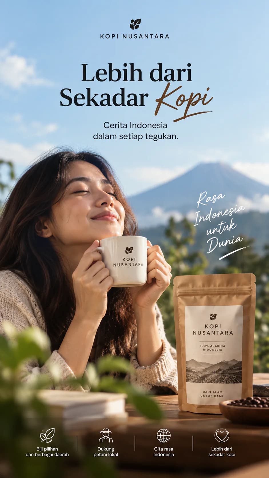Konten Kopi Nusantara dengan latar pegunungan