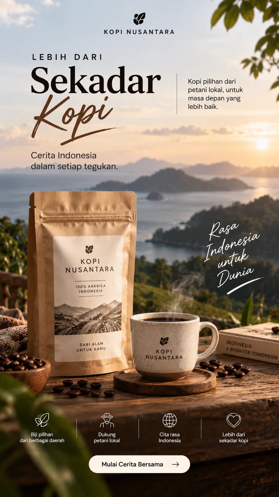 Konten Kopi Nusantara dengan suasana matahari terbit